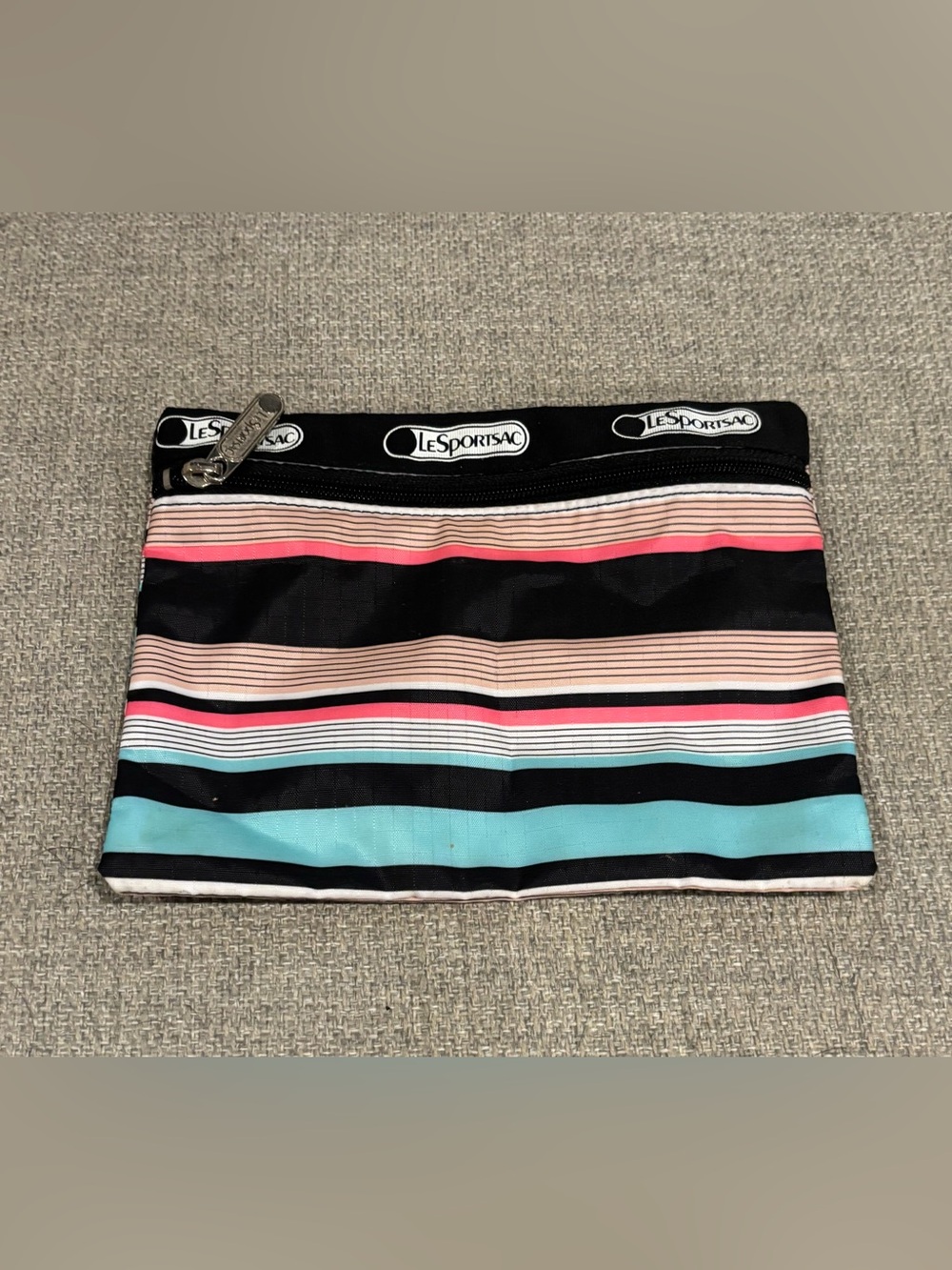 LeSportsac Striped Cosmetic Pouch in Black, Pink & Teal